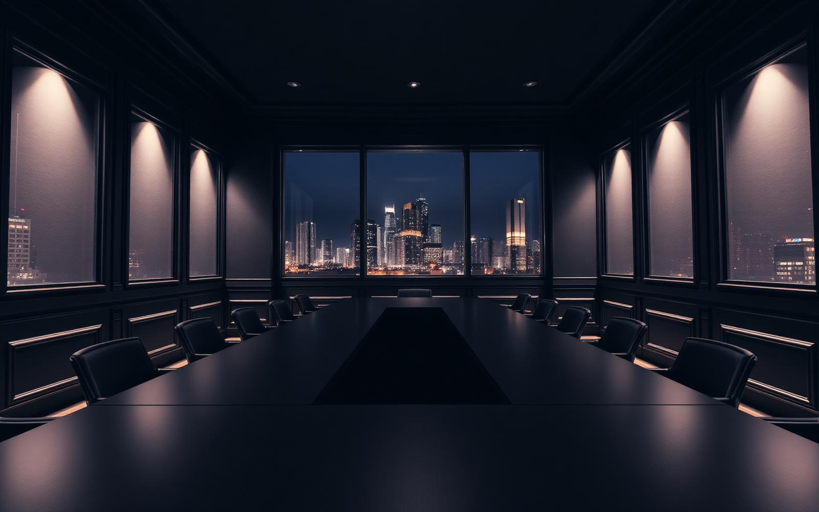 Boardroom overlooking a city at night