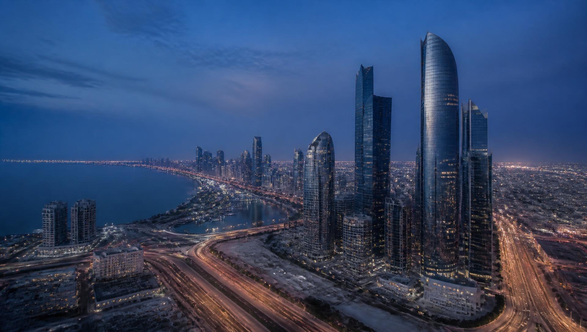 International city skyline at blue hour
